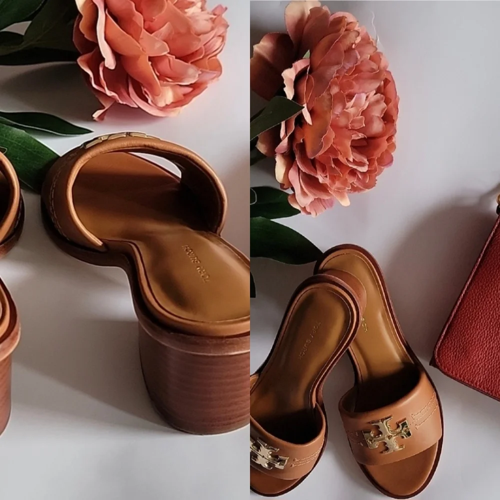 ⭐️Tory Burch womens Peep-toe Tan Slide Sandals with Gold Logo - Picture 12 of 16